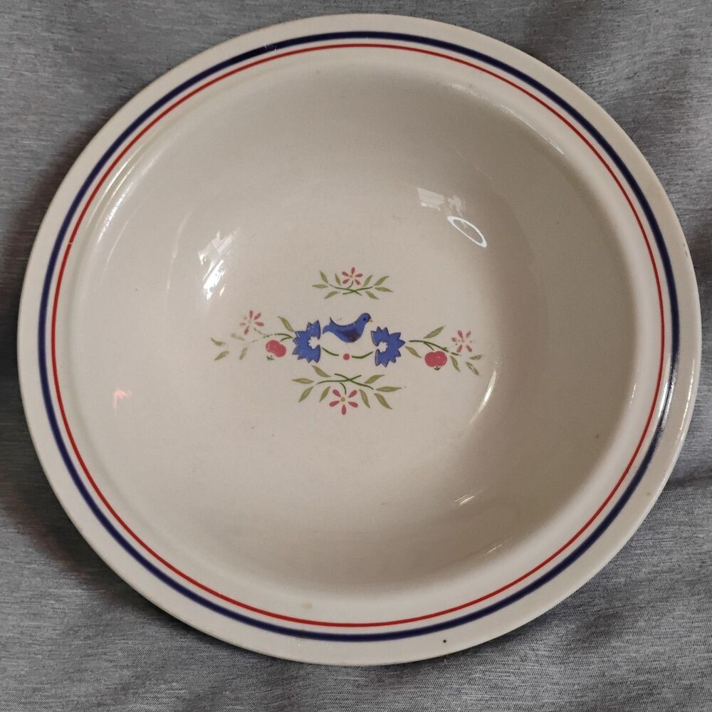 Vtg Newcor Homecoming Stoneware 7" Bowl 90s Cottagecore Bluebird Flower Folk Art - Picture 2 of 11